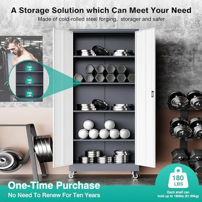 75" Tall Metal Storage Cabinet with Wheels (75"H x 31.5"W x 16"D / Gray White)
