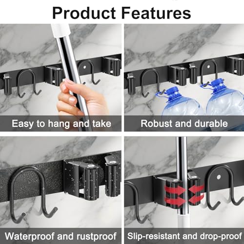 Broom Holder Wall Mount (Black-2 Pack)