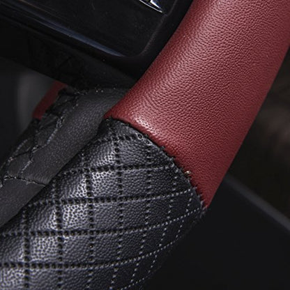 Rhombus Leather Universal Steering Wheel Cover (Black and Burgundy / Standard[14.5"-15"])