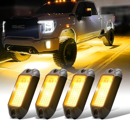 4Pods Pure Yellow 72 LEDs SMD Chips 72w High Power Rock Lights Super Bright Yellow Offroad Car Boat Underglow Lights IP68 Waterproof for Truck SUV UTV ATV RZR (Pure yellow rock lights - 4 pack)