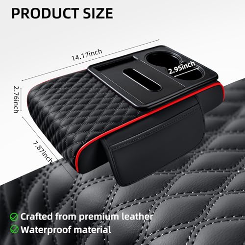 5-in-1 Car Center Console Armrest Cover Pad, Multifunctional Car Arm Rest Organizer with Cup Holder, Tissue Slot & Side Storage Pockets, Soft Leather Auto Armrest Cushion, Black Red Strip (Black Red Strip)
