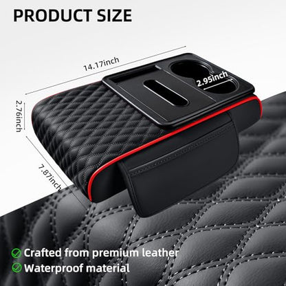 5-in-1 Car Center Console Armrest Cover Pad, Multifunctional Car Arm Rest Organizer with Cup Holder, Tissue Slot & Side Storage Pockets, Soft Leather Auto Armrest Cushion, Black Red Strip (Black Red Strip)