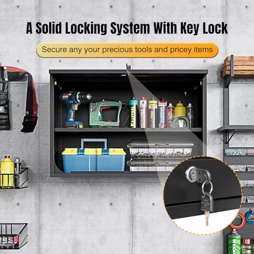 Metal Wall Storage Cabinet Adjustable Shelf 22'' Tall Steel Garage Wall Mounted Cabinet Lockable Floating Garage Storage Shop Trailer Tool Assembly Required (Black / 22" Tall)