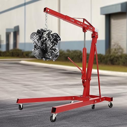 Folding Engine Crane 2 Ton Folding Engine Hoist 4400lbs Crane Hoist Lift with 6 Iron Caster Wheels for Garage (Red-A / 2T-4400lbs)