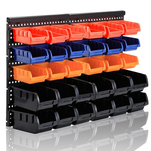 Wall Mounted Storage Bins Parts Rack 4 Colors Bin Organizer Garage Plastic Shop Tool (25.2"*16.2" / Classic)