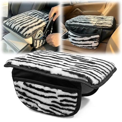 Plush Animal Print Car Center Console Cover with Side Pockets