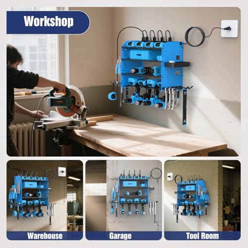 Heavy Duty Power Tool Organizer Wall Mount with Charging Station (Blue)