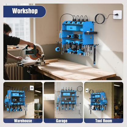 Heavy Duty Power Tool Organizer Wall Mount with Charging Station (Blue)