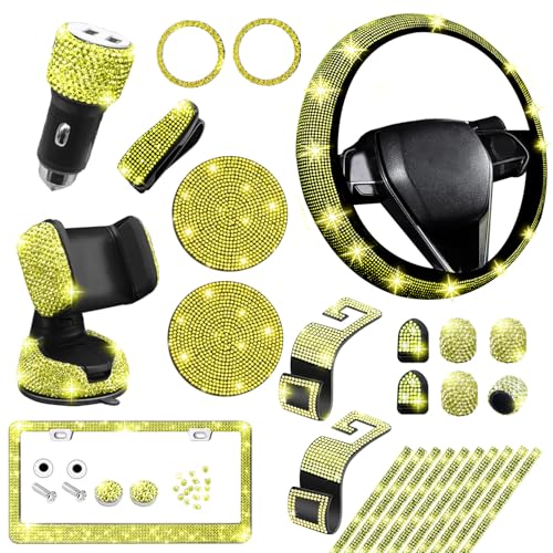 27 PCs Yellow Bling Car Accessories Set for Women (Yellow Diamond)