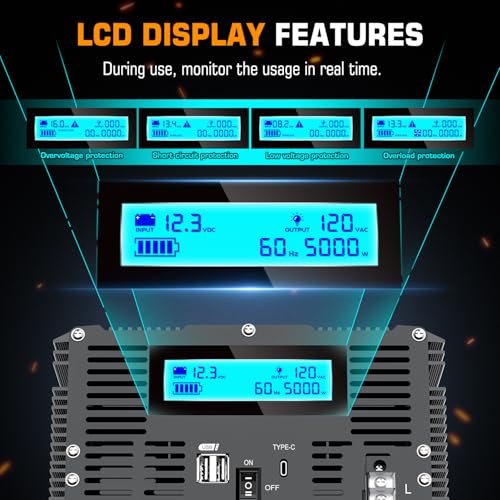 5000 Watt Power Inverter 12V DC to 110V 120V Converter for Family RV Off Grid Solar System Car with Type (12v-5000w)