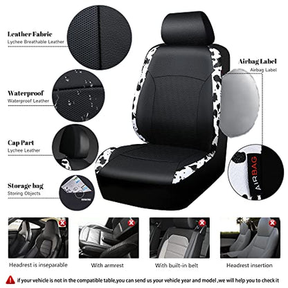CAR PASS Cow Print Car Accessories Sets Faux Leather Car Seat Covers & Cow Car Mats & Cow Steering Wheel Cover Seat Belt Pads Universal fit for SUV (Cow Print Combo)