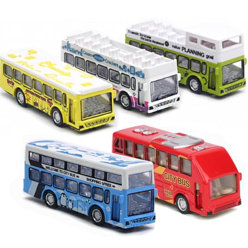 Double Decker Bus Open Door Die Cast Metal Toy Cars Pull Back 5 Pack (City Bus)