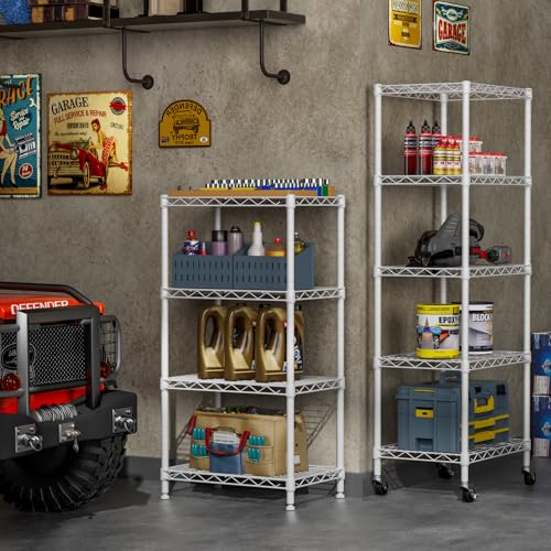 4 Small Wire Shelves Kitchen Pantry Close Home Organizers and Storage Bathroom Shelf Laundry Room Organization Adjustable Book Metal Garage Shelving Unit (White / 4-Tier 11.8"D X 17.3"W X 45.2"H)