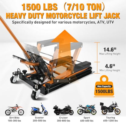 Motorcycle Lift Jack 1500 LBS Hydraulic Lifts ATV Scissor Jacks with Wheel Foot Pedal Handle Ratchet Belt Heavy Duty Lifter Stand Hoist Table for Dirt Bike Garage Storage Repair Tool (Orange Hydraulic w Wheels)