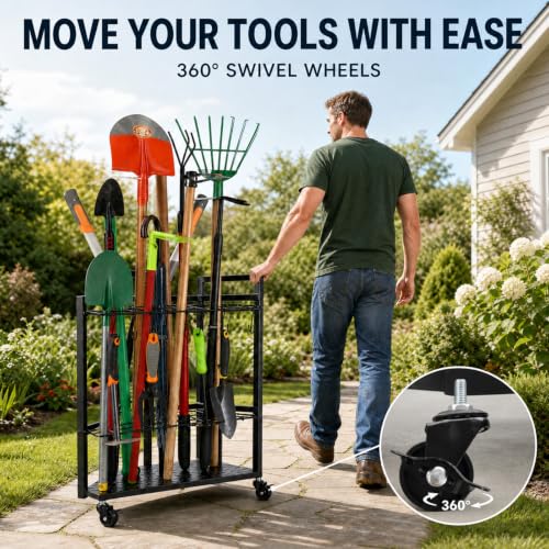 Garden Tool Organizer for Garage Corner (Triangel-Wheels-Black)