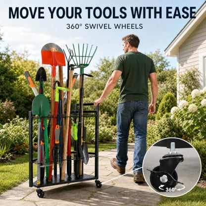 Garden Tool Organizer for Garage Corner (Triangel-Wheels-Black)