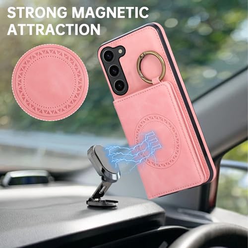Compatible with Samsung Galaxy S23 5G Wallet Case and Screen Protector Crossbody Shoulder Strap Ring Buckle Stand Card Holder Magnetic Car Mount Cell Phone Cover for S 23 23S SM (Rose Gold / for S23)