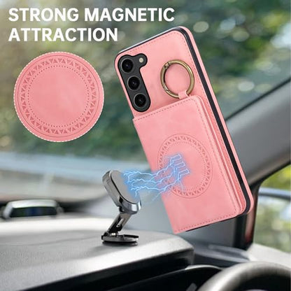 Compatible with Samsung Galaxy S23 5G Wallet Case and Screen Protector Crossbody Shoulder Strap Ring Buckle Stand Card Holder Magnetic Car Mount Cell Phone Cover for S 23 23S SM (Rose Gold / for S23)