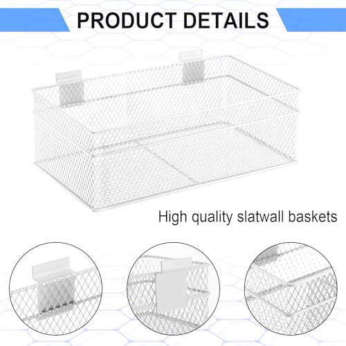 4 Pcs Slatwall Basket Set Ventilated Metal Slatwall Basket Hanging Wire Bins Wall Mounted Accessories for Panel Garage Storage Display Organizing (Assorted Sizes / White)