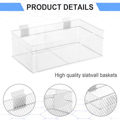 4 Pcs Slatwall Basket Set Ventilated Metal Slatwall Basket Hanging Wire Bins Wall Mounted Accessories for Panel Garage Storage Display Organizing (Assorted Sizes / White)