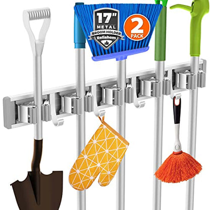 Broom Holder Wall Mount Mop Hanger Tools organizer 5Racks4Hooks (Silver)