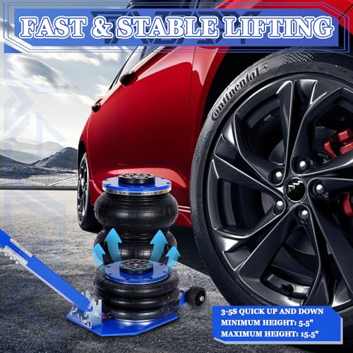 5T Triple Bag Air Jack 11000lbs Pneumatic Jack 3s Fast Lift Up 16in Airbag Jack with Adjustable Long Handle Heavy Duty Triple Air Bag Jack Lift for Cars Garage (5 Ton / blue)