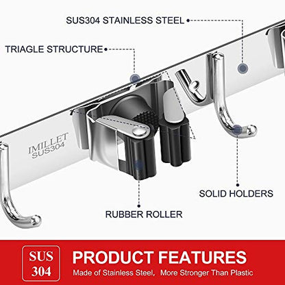 2 Pack Broom Holder Wall Mount Stainless Steel Mop Organizer (Stainless Steel - 3 Racks with 4 Hooks / 2 Pack)