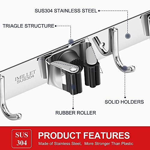 Broom Holder Wall Mount Stainless Steel Mop Organizer (Stainless Steel - 3 Racks with 4 Hooks / 1 Pack)