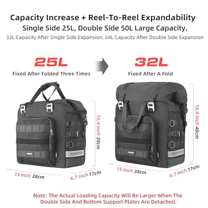 Motorcycle Saddlebags Waterproof 25L Saddle Bag Quick Release side bag Fits Most Adventure and Sports Bike Motorcycle Racks (Black / 25L)