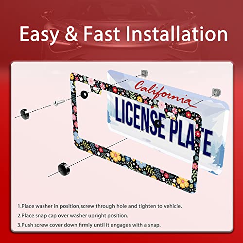 Personalise Colorful Floral Flowers License Plate Frame Cute License Holder (Retro Colorful Floral Flowers)