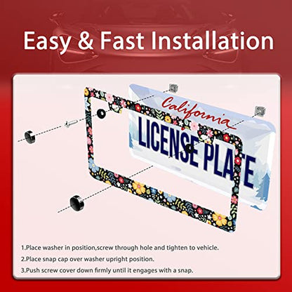 Personalise Colorful Floral Flowers License Plate Frame Cute License Holder (Retro Colorful Floral Flowers)