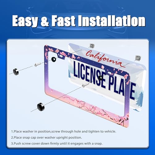 Cherry Blossom License Plate Frame Stainless Steel Women Car Accessory (Pink Cherry Blossom Flowers Floral)