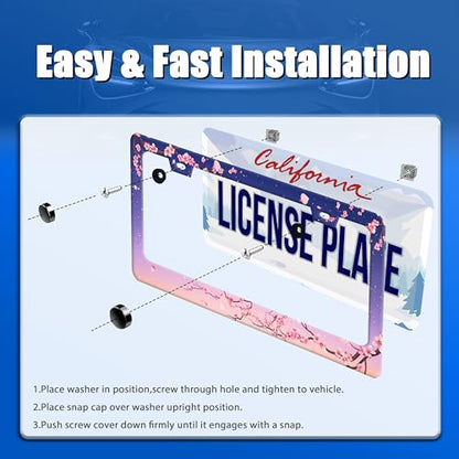 Cherry Blossom License Plate Frame Stainless Steel Women Car Accessory (Pink Cherry Blossom Flowers Floral)