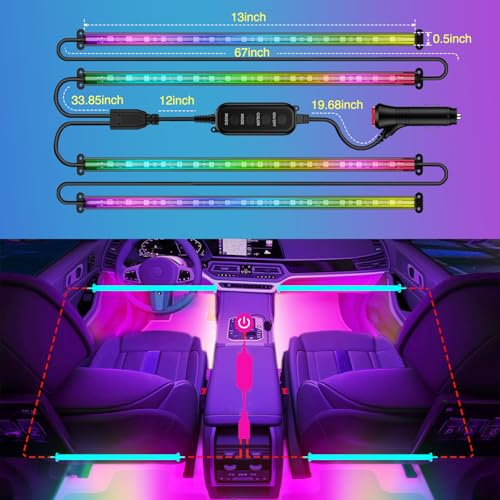 4PCS Interior Car Strip Lights Cigarette Lighter Dream Color RGB (12V Dream Color Lights - APP+Remote)