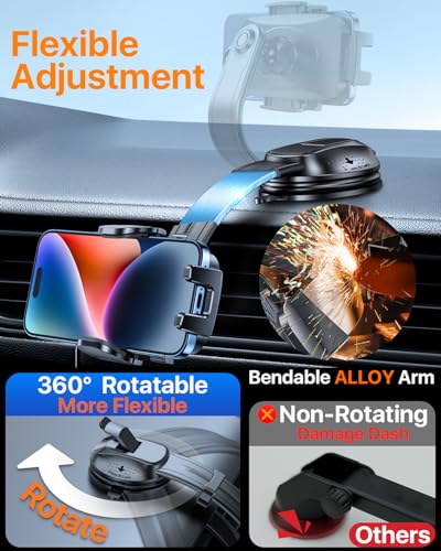 Upgraded Strongest Suction No Block View Bendable Arm Car Phone Holder (Deep Black)