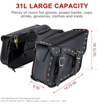 Naked Cowhide Leather Motorcycle Saddle Bags Studded Throw Over Saddlebags (Black 31L Studded & Braided)