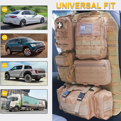 Universal Tactical Seat Back Organizer Vehicle Molle Panel Organizer Storage Bag with 5 Detachable Molle Pouch for All Vehicel Such as Jeep (Upgraded-B-Khaki)