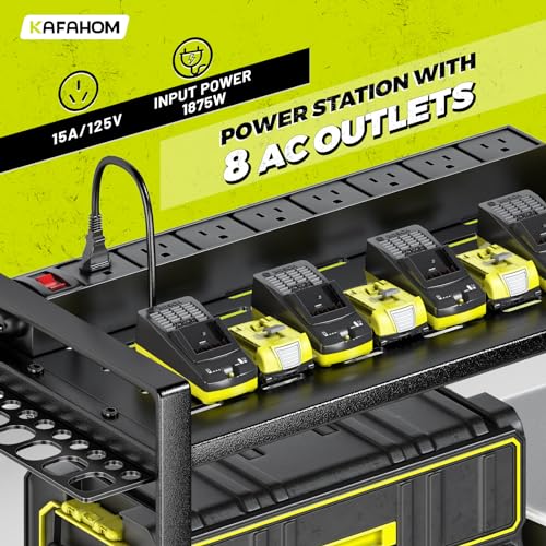 Power Tool Organizer with Charging Station. 8 Drill Holder 3 Layers Tool Storage Shelf Wall Mount Built in 8 Outlet Power Strip.Tool Battery Holder with Screwdriver (3L-8D / Black with Power)