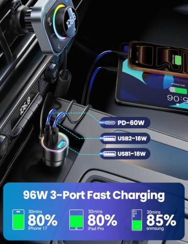 Bluetooth 6.0 Car Adapter FM & AUX HiFi Bass 96W Fast Charging (Black)
