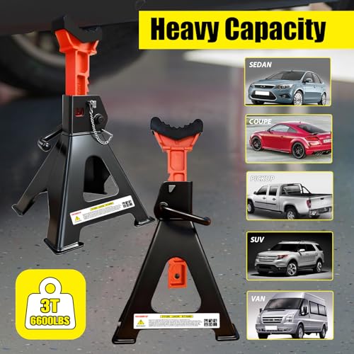 Jack Stands 3 Ton (3 Ton Double Pin Locking with Rubber Pads / Black+Orange)