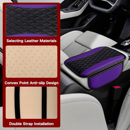 Leather Car Center Console Cover with Side Storage Pockets (BlackPurple)