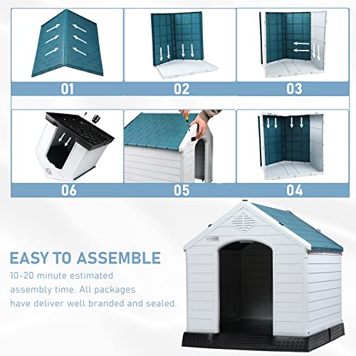 Durable Waterproof Plastic Dog House for Small to Large Sized Dogs (Blue / 34"L x 31"W x 32"H)
