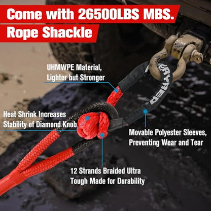 3 4” x 20FT Kinetic Recovery Rope Kit with 2 Soft Shackles (Red / 3/4” x 20FT)