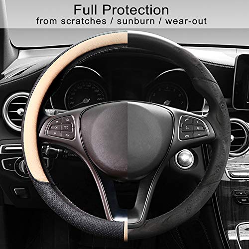 Breathable Car Steering Wheel Cover 15 inch Auto Universal Leather Wrap Non (A-Beige / M (14.5"-15"))