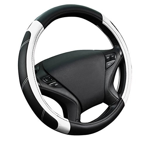 Line Rider Microfiber Leather Sporty Steering Wheel Cover Universal Fits for 95% Truck (Black＆White / Standard[14.5"-15"])