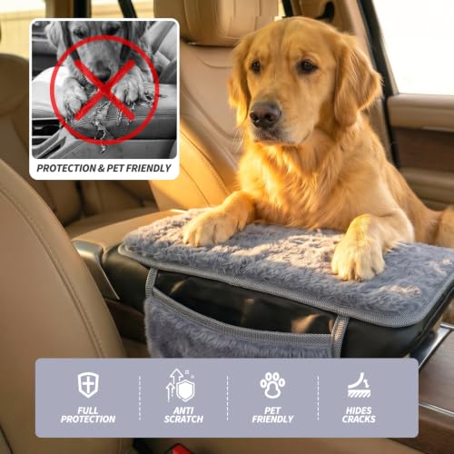Plush Fuzzy Fur Car Armrest Cover with Side Pockets