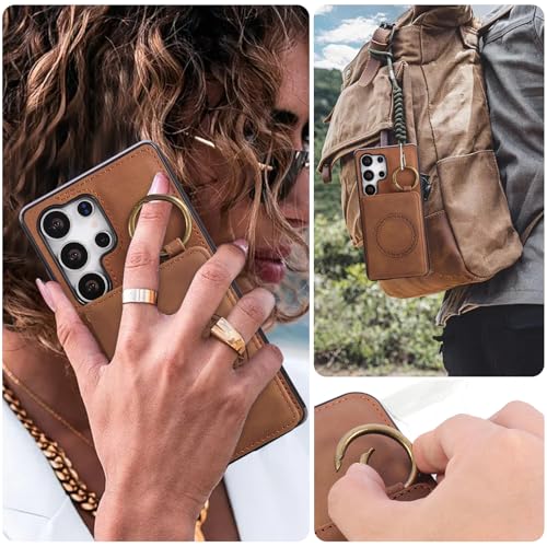 Compatible with Samsung Galaxy S25 Ultra 5G Wallet Case and Screen Protector Crossbody Shoulder Strap Ring Buckle Stand Card Holder Cell Phone Cover for S25Ultra 25S S 25 25Ultra 2025 Women Men Brown (Brown / for S25 Ultra)