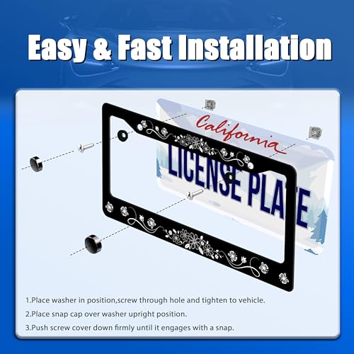 Daisy Butterfly License Plate Frame Stainless Steel Decoration 12.3"x6.3" (Black White Beautiful Butterflies)