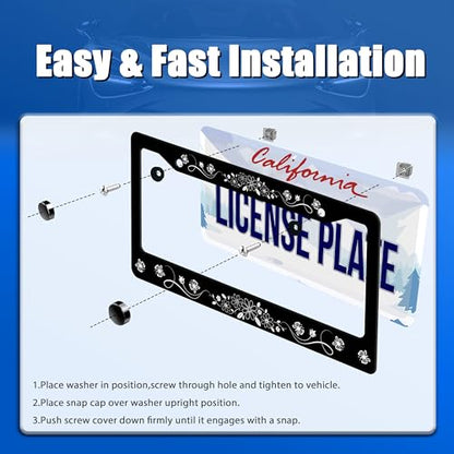 Daisy Butterfly License Plate Frame Stainless Steel Decoration 12.3"x6.3" (Black White Beautiful Butterflies)