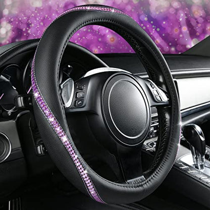 Bling Diamond Black Leather Steering Wheel Cover (Purple Diamond 1PCS)